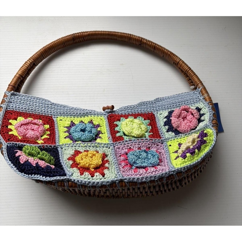 Handmade Crochet Granny Square Purse with Wooden Handle